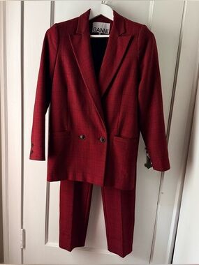 GANNI Red Plaid Double-Breasted Blazer & Trouser SET